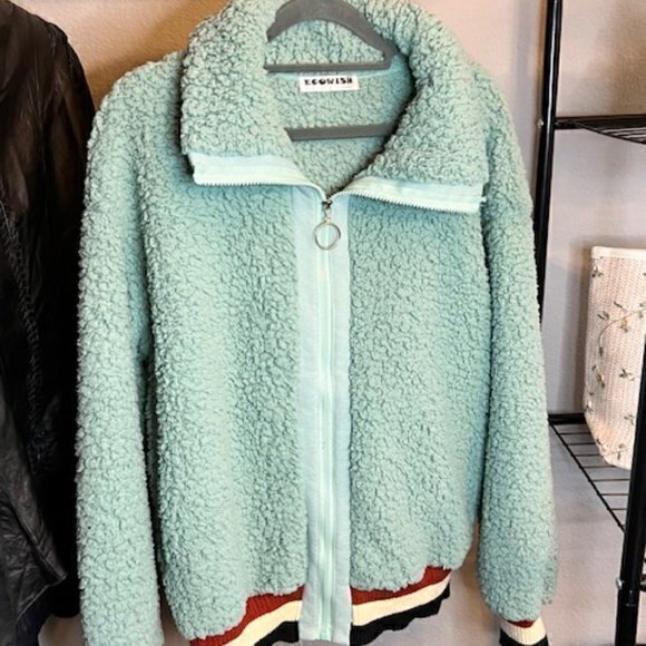 BUNDLE 3 FOR $18-Ecowish Women Small Pale Green Faux Fuzzy Sherpa Collar Bomber - Picture 11 of 13